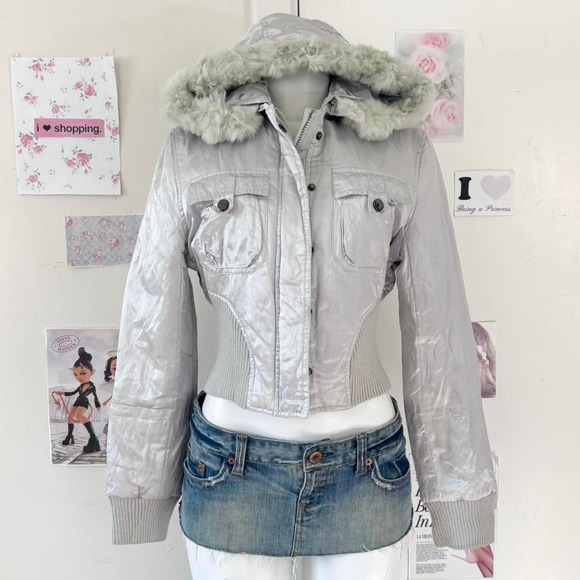 Jackets & Blazers - RARE Bebe Silver Metallic Puffer Jacket Rabbit Fur Trim Hood Large